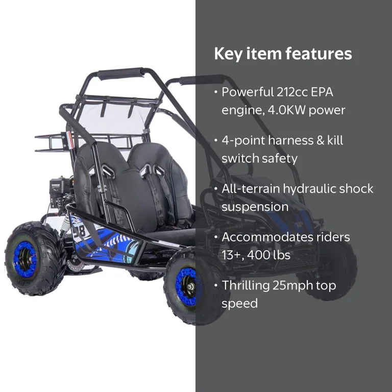 MotoTec Mud Monster XL 212cc 2 Seat Go Kart, Full Suspension, Blue