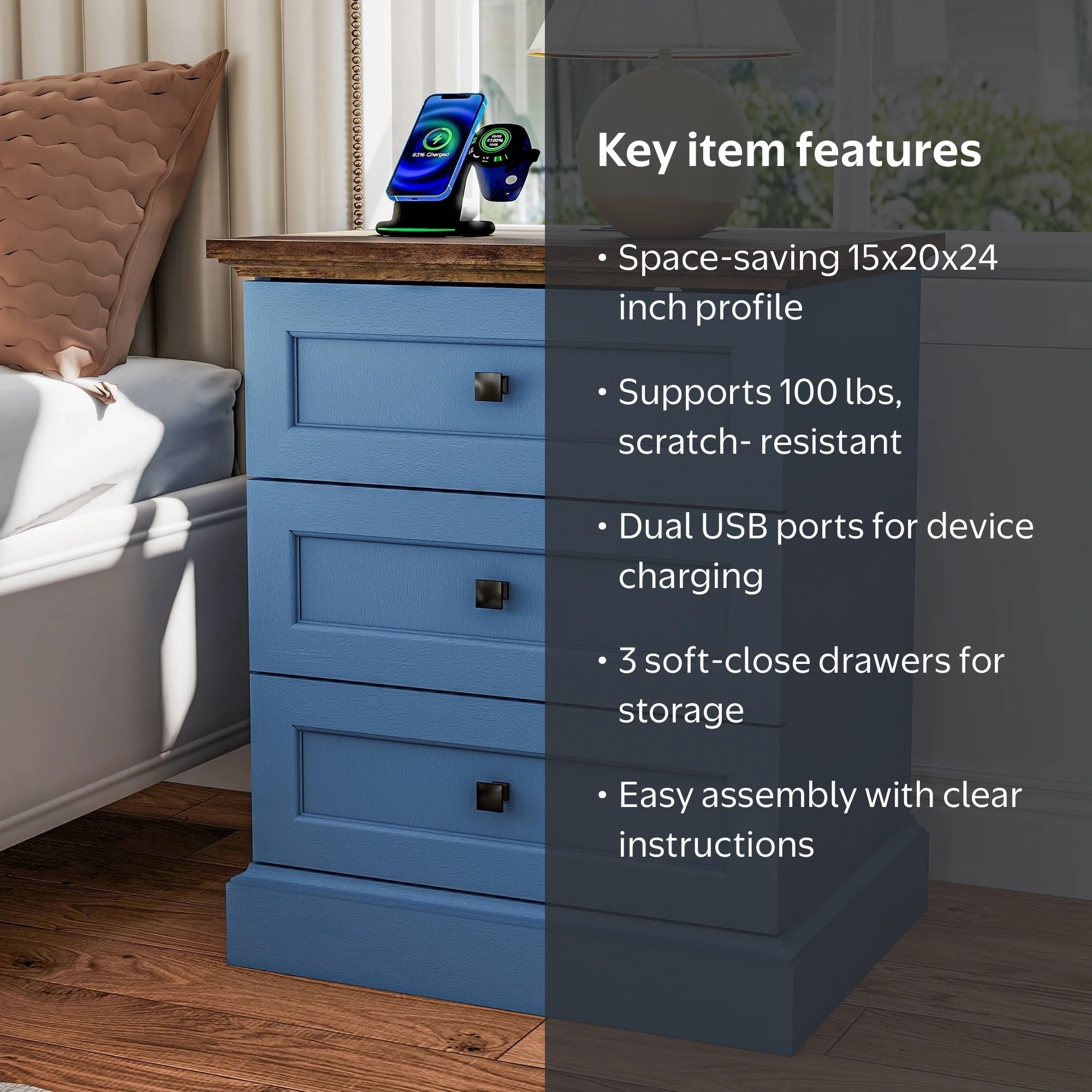 FIAKOA Farmhouse Night Stand with Charging Station, 3 Drawers