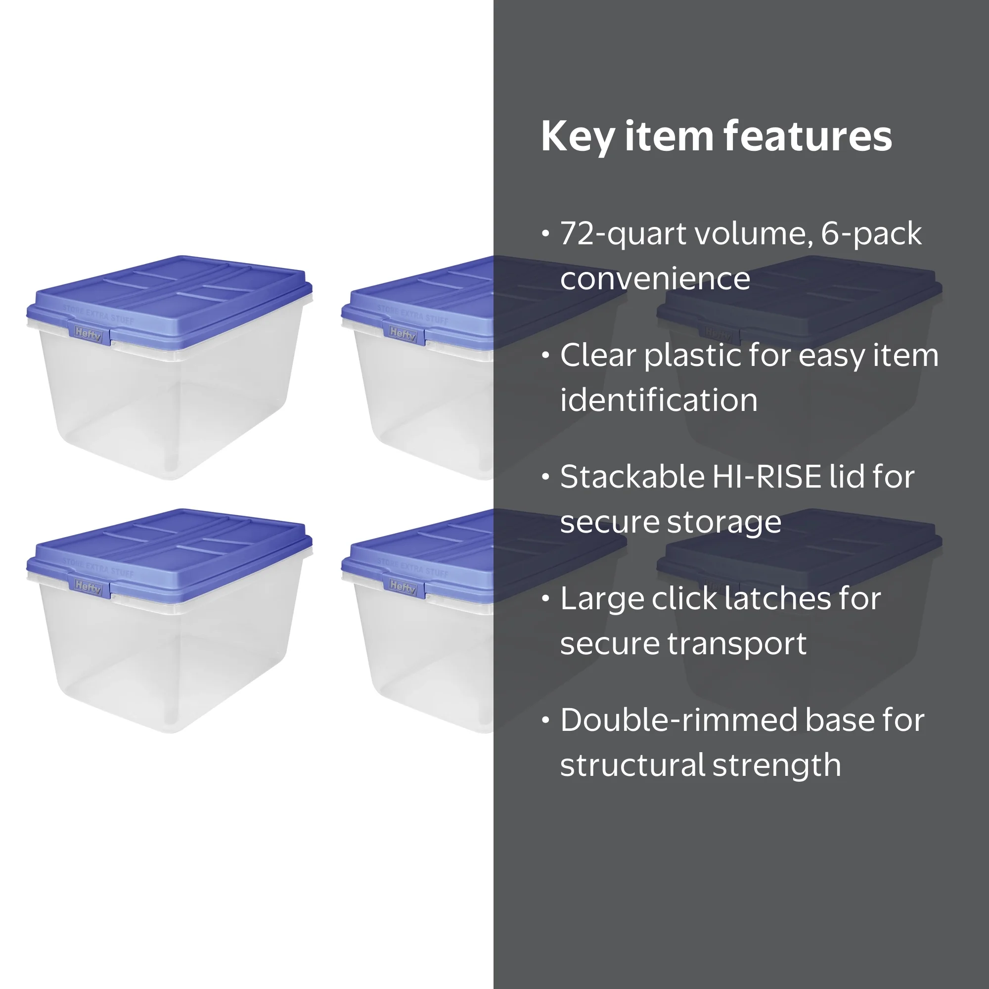 Hefty, Storage Container, 72 Qt, Clear with Blue HI-RISE Lid