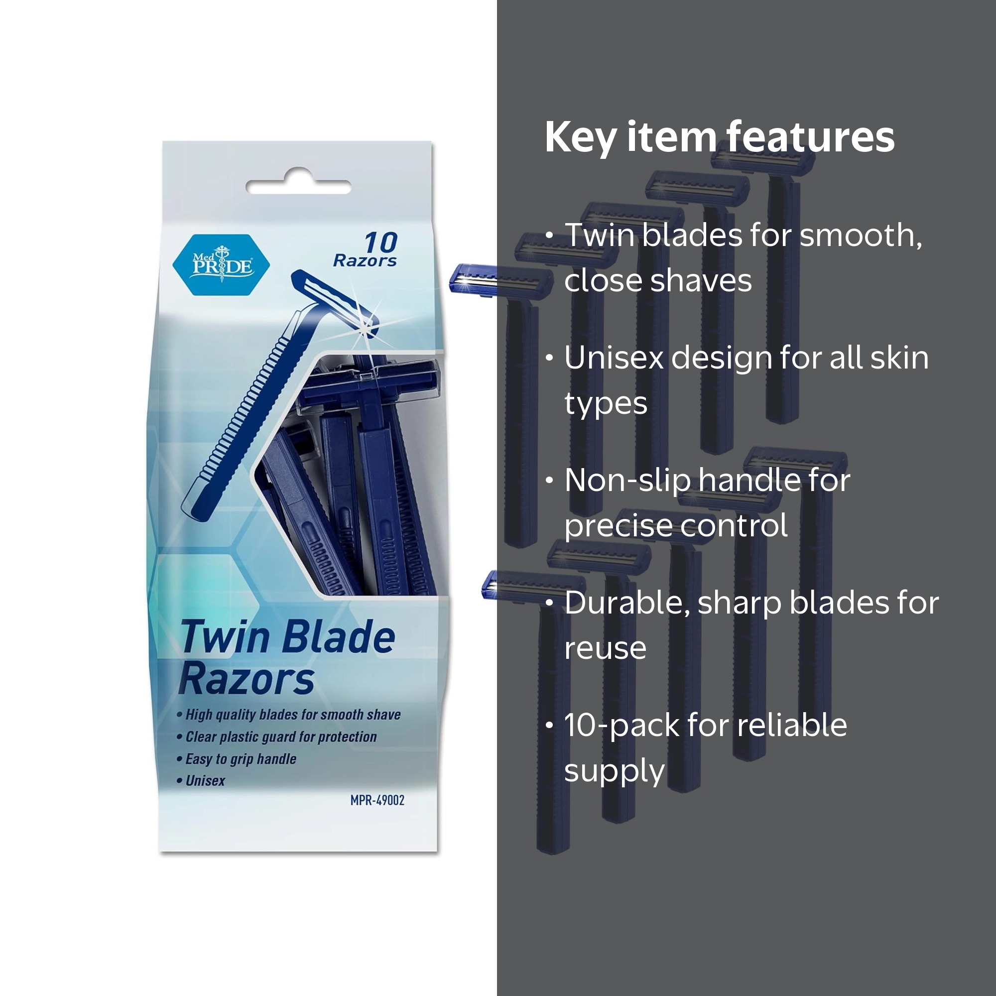 MedPride, Disposable Razors, 10-Pack, Twin Blade, Reusable, Unisex