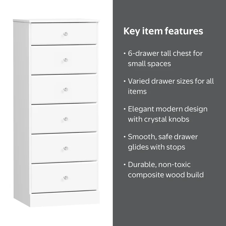 Prepac Astrid 6-Drawer Tall Chest, Crystal White with Acrylic
