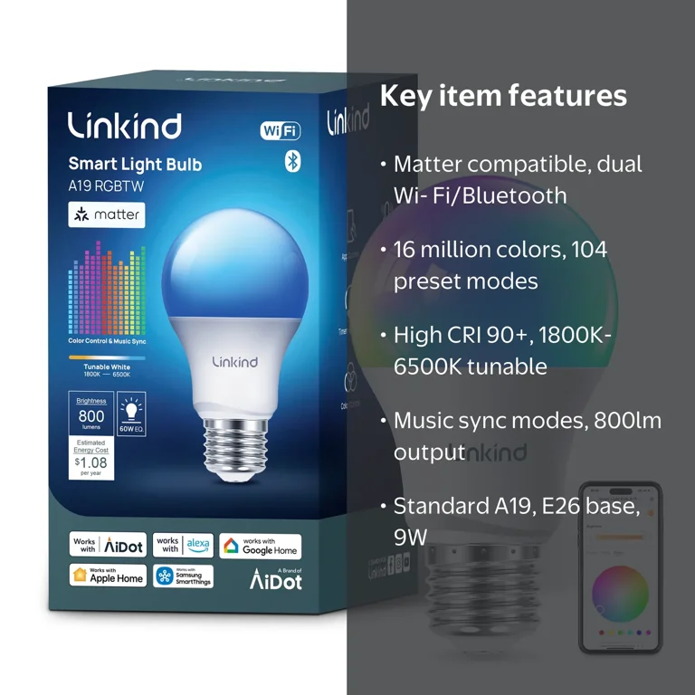 Linkind Smart Light Bulb E26, 9W 800lm Color Changing LED with Wi
