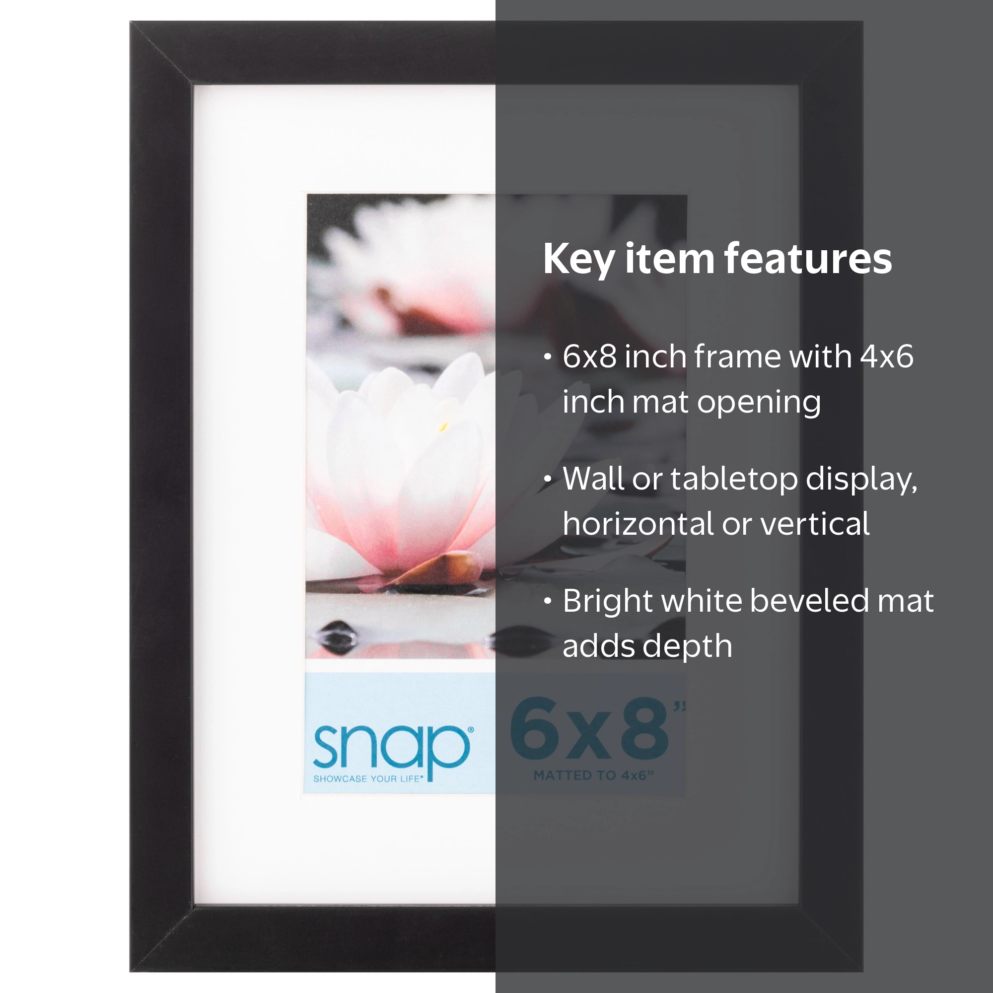 Snap Black 6x8 Picture Frame, Tabletop and Wall Mount, White Mat