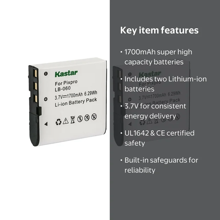 Kastar 2-Pack Battery Replacement, Kodak LB-060, PixPro AZ525