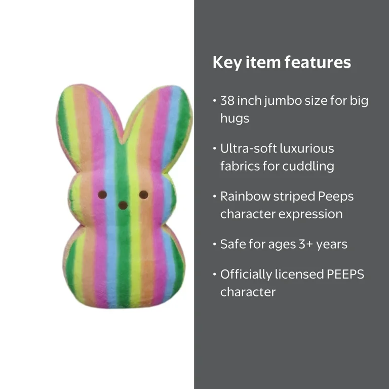 Official Jumbo Peeps Bunny Plush Toy, 38 Inch, Rainbow Stripes