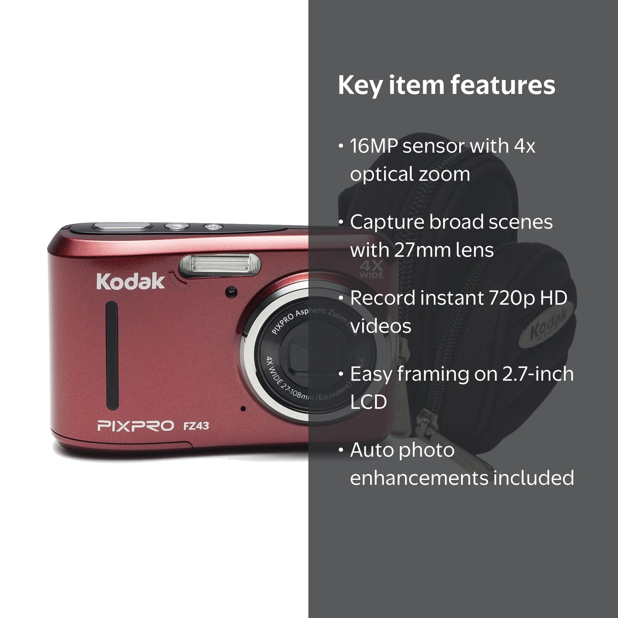 Kodak, Digital Camera, FZ43 16MP, Red Bundle with Case - Walmart.com