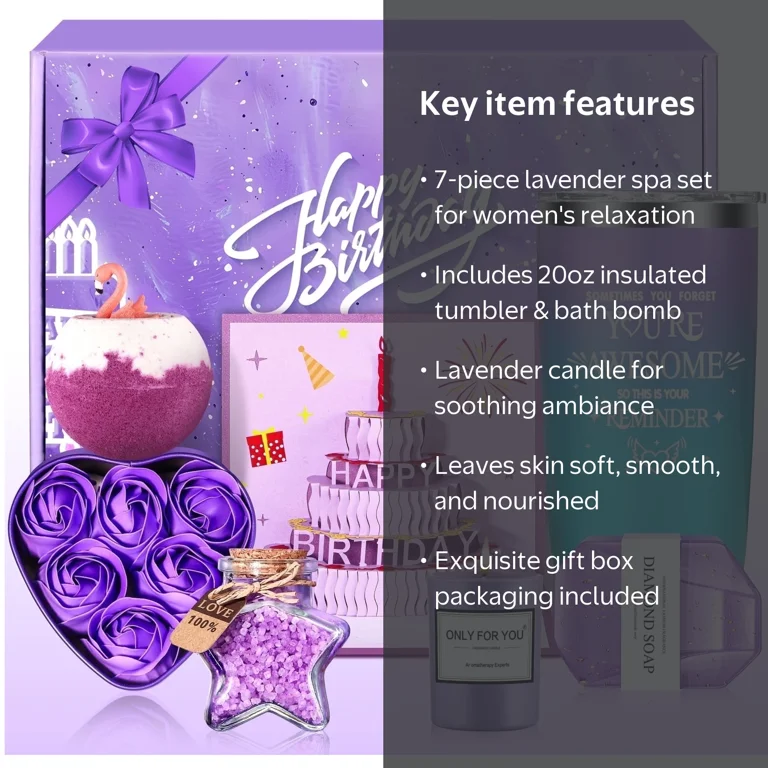 Aofmee Birthday Gifts Baskets for Women, 7 Pcs Lavender Relaxing Bath Gift Sets, Beauty Birthday Gift for Her, Purple