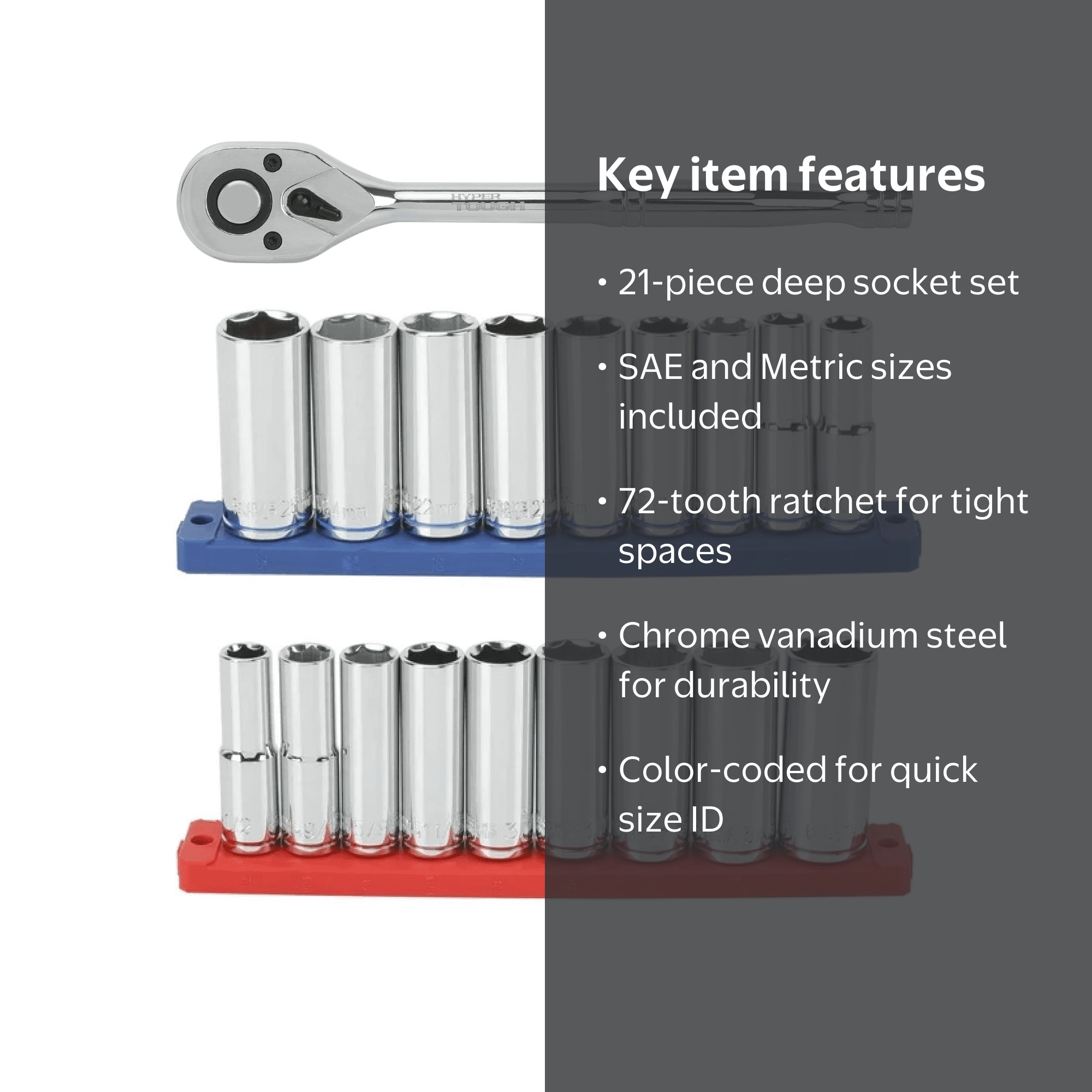 Free Shipping! Hyper Tough 21-Piece 1/2 Inch Drive Ratchet and