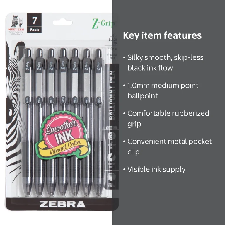 Zebra Z-Grip Retractable Ballpoint Pen 1.0 mm Black Ink 7-Pack