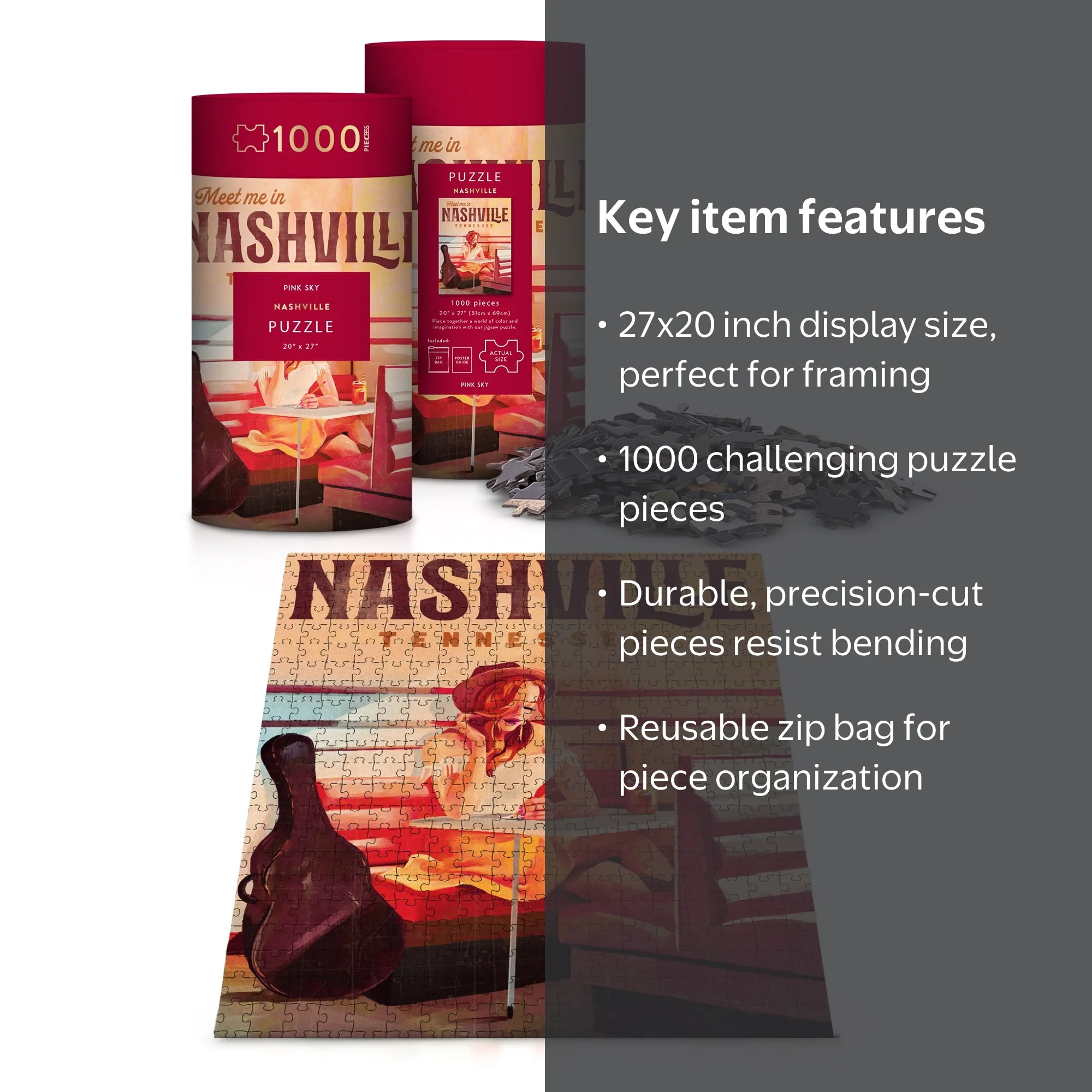 Nashville Pink Sky Puzzle 1000 Piece Cylinder Tube Gift Jigsaw