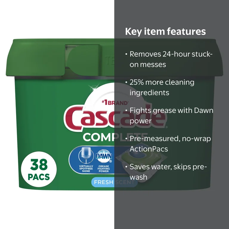 Cascade, Dishwasher Detergent, Complete ActionPacs 38 ct, Fresh