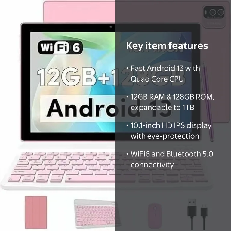 YQSavior, Android 13 Tablet, Pink, 10.1 inch, 12GB RAM, 128GB ROM