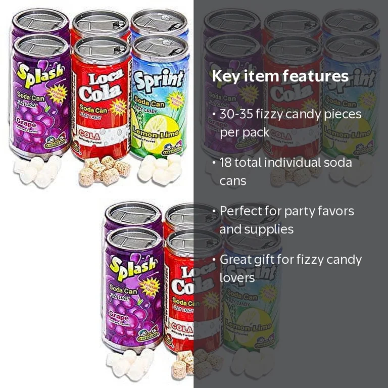 Kidsmania Soda Can Fizzy Candy, 18 Cans Total, 4 Flavors, Party