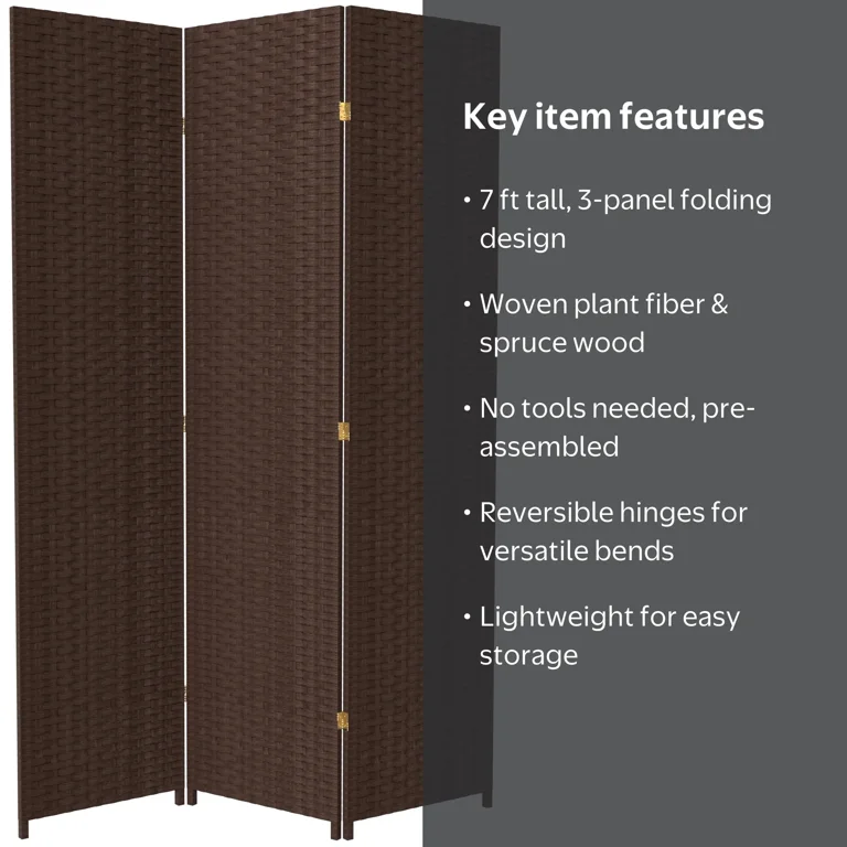 Red Lantern 7 ft. Tall Woven Fiber Folding Screen - Dark Mocha - 3