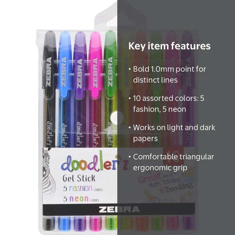 Zebra, Doodlerz Gel Stick Pens, Assorted Neon Colors, 10 Pack