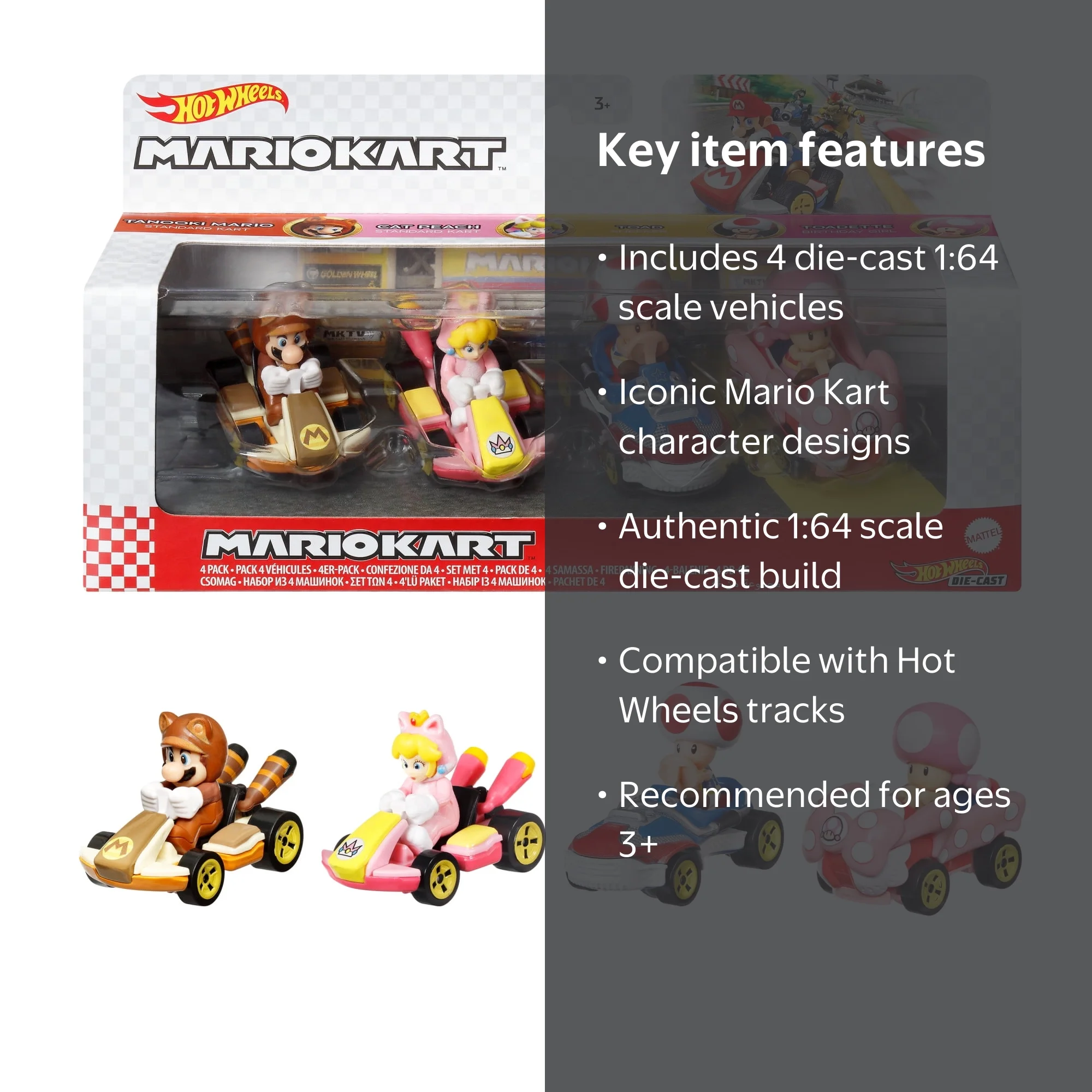 Hot Wheels Mario Kart 4-Pack Vehicles 1:64 Scale with Characters