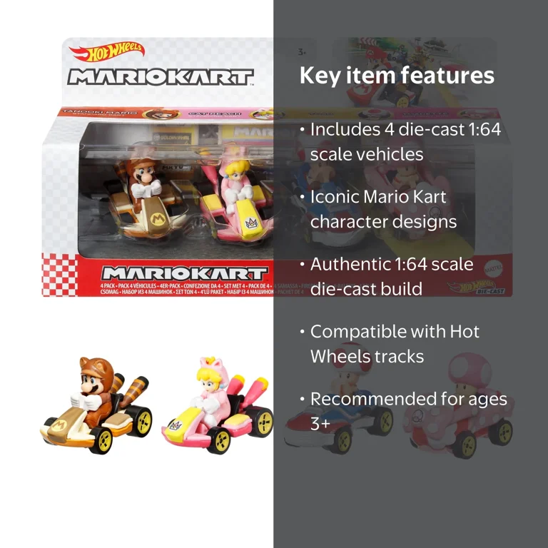 Hot Wheels Mario Kart 4-Pack Vehicles 1:64 Scale with Characters