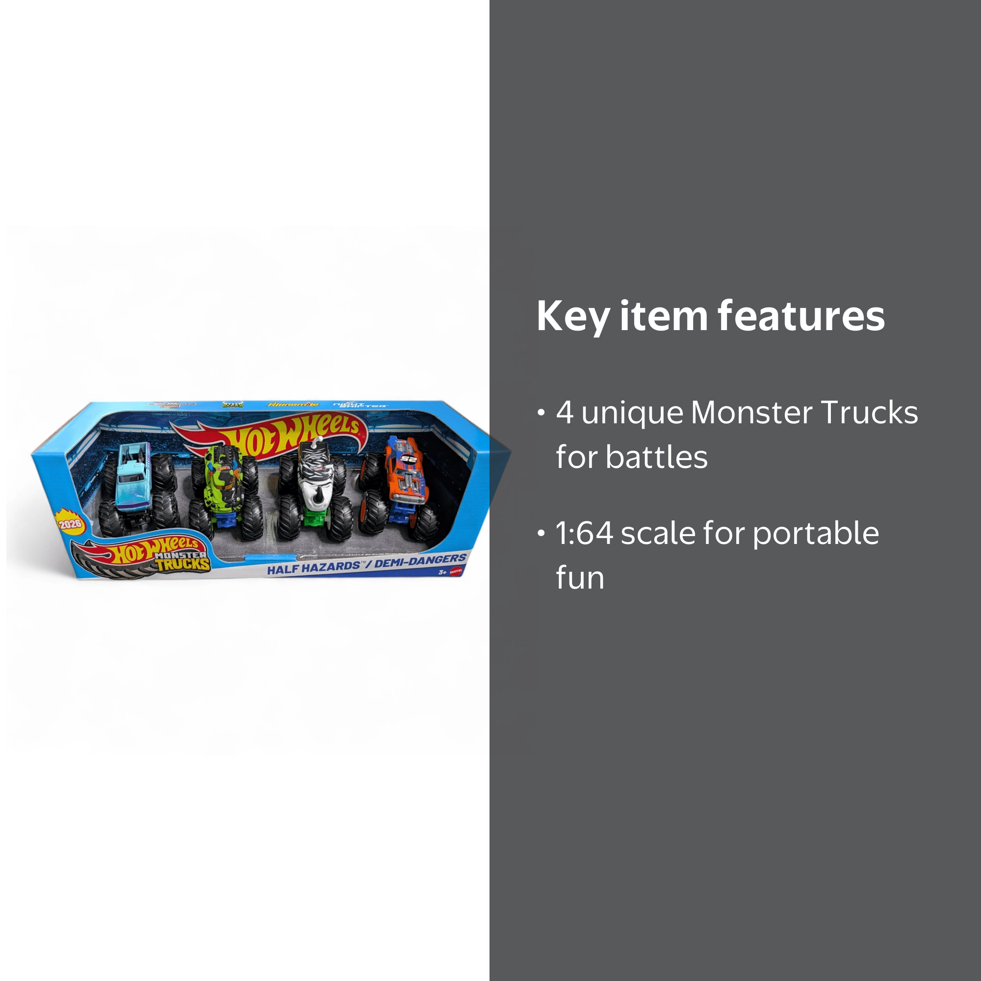 Hot Wheels 2026 Monster Trucks Set of 4-Pack 1:64 Scale Half