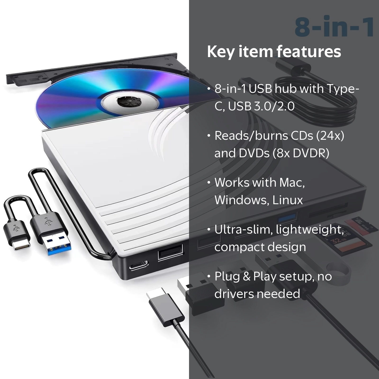 Finopo, External CD DVD Drive, Ultra Slim, 8-in-1 USB Hub, Silver