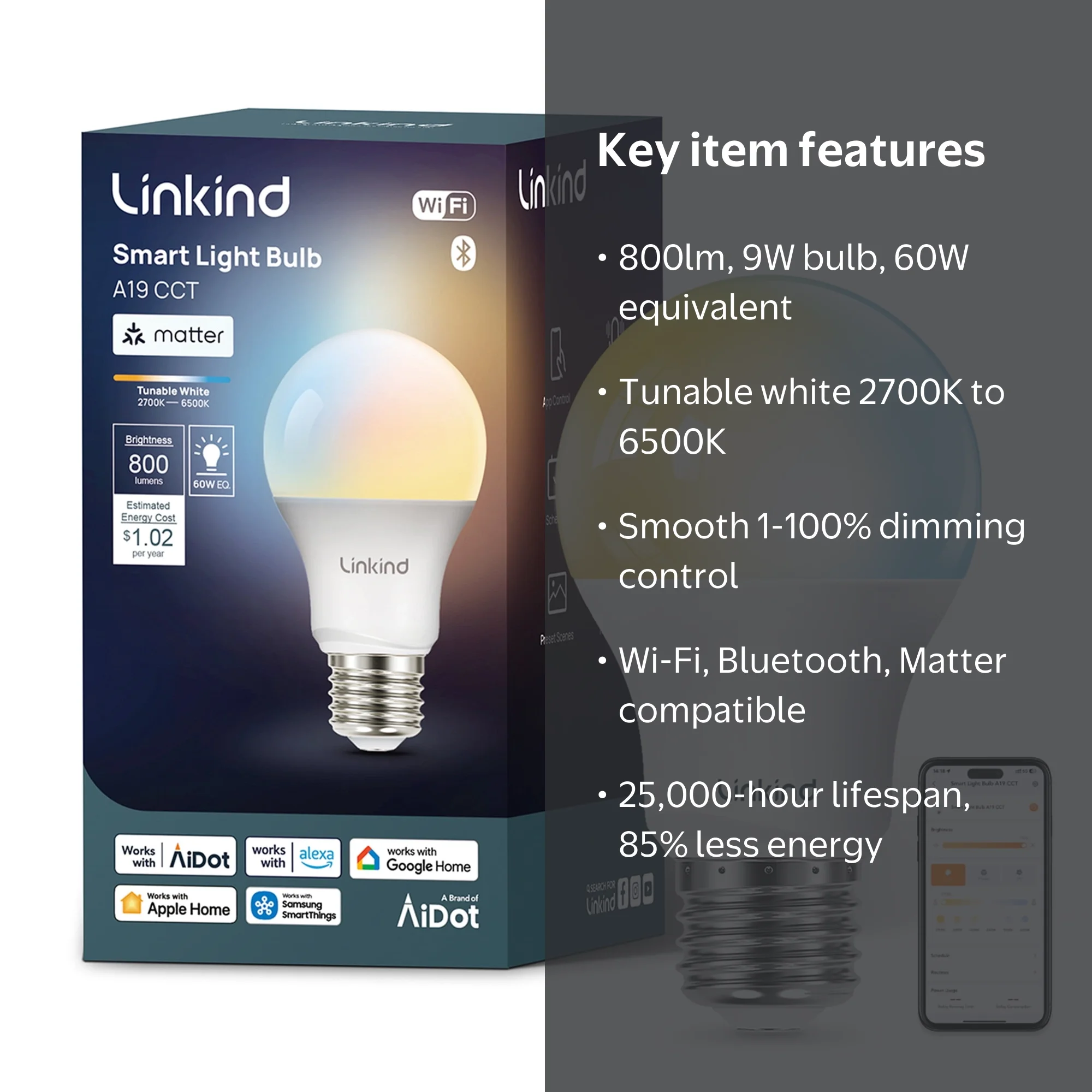 Linkind Matter Smart Light Bulb, A19 Tunable White, 9W, 60W