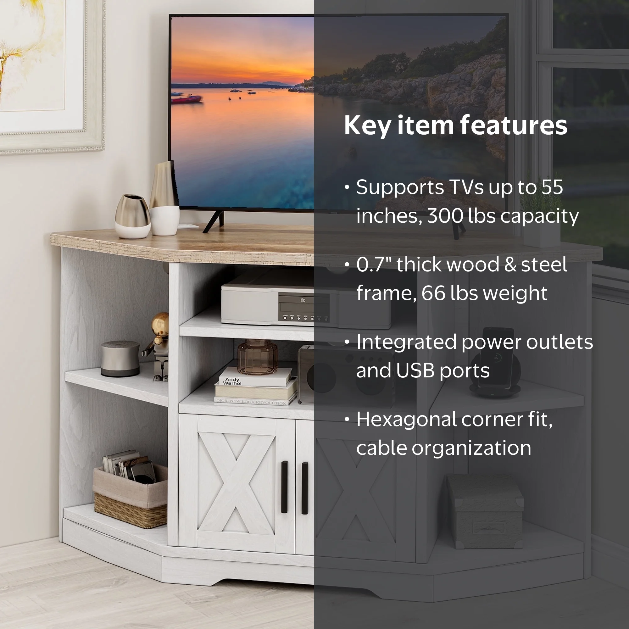 Dextrus Farmhouse Corner TV Stand for TVs up to 55 inch with Power