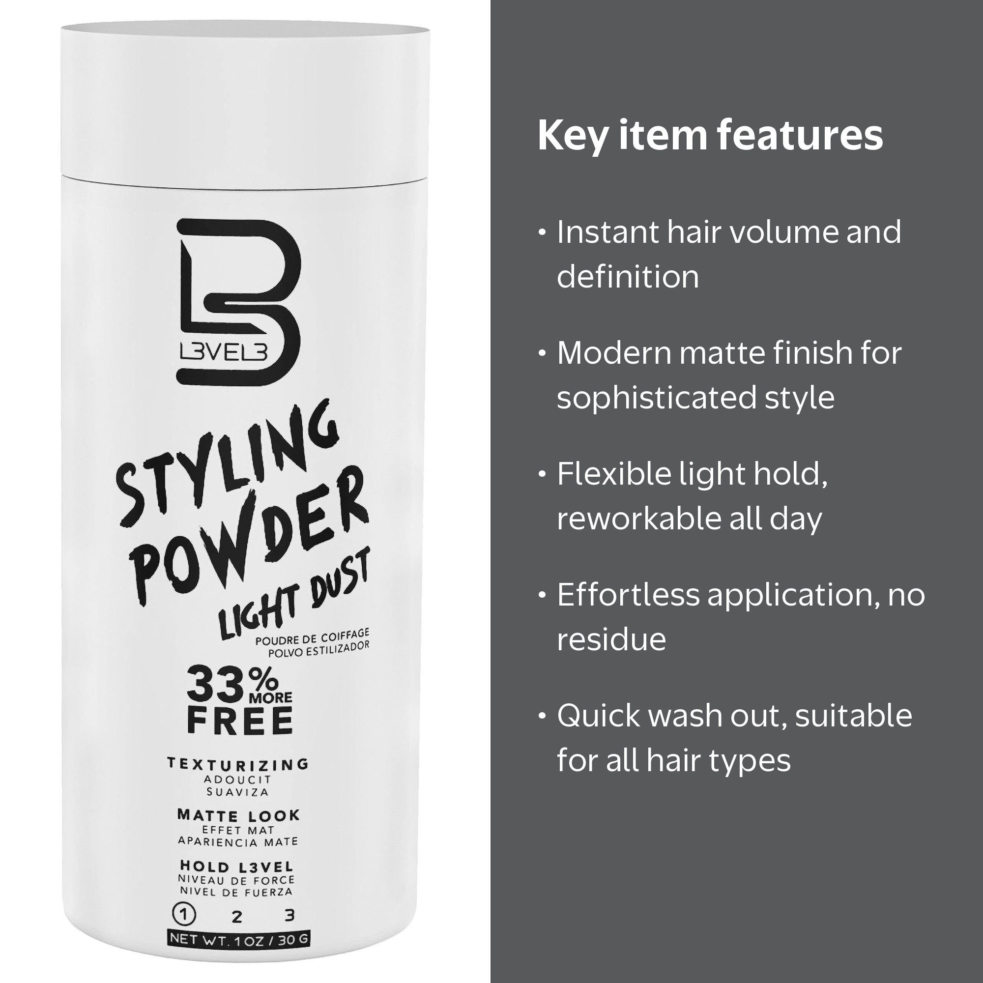 L3VEL3, Light Hold Styling Powder, Volumizing Texture Texturizing