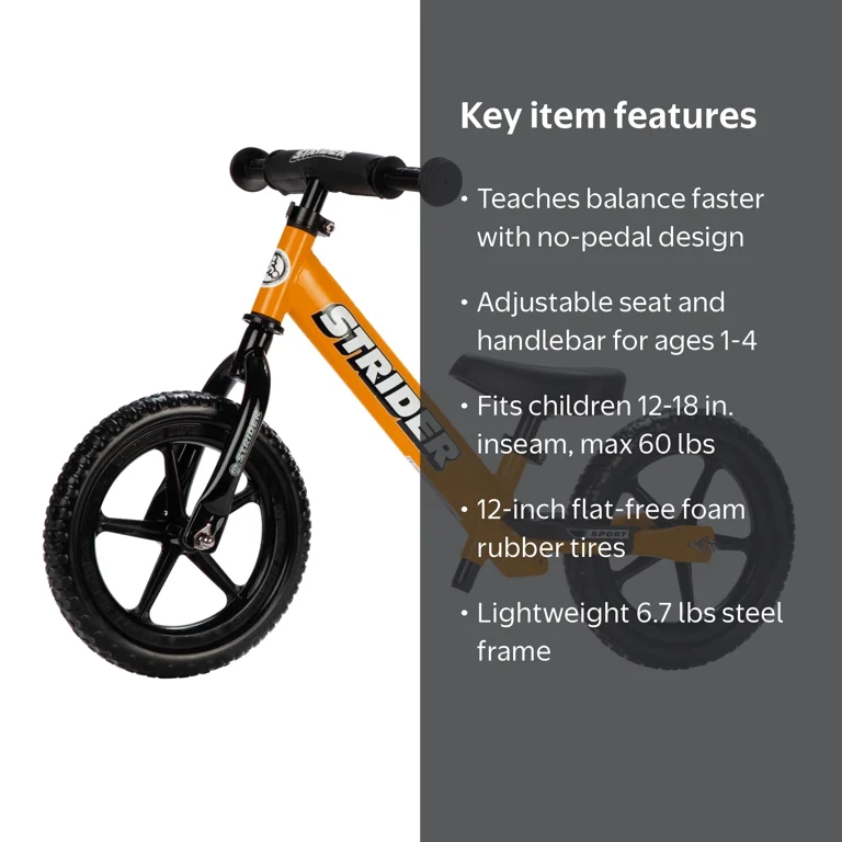 Strider 12‚Äù Sport Bike, Balance Bicycle for Kids 1‚Äì4 Years