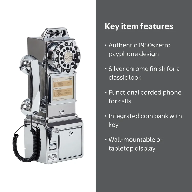 Ryan Bros. Retro 1950's Coin-Operated Payphone with Coin Bank