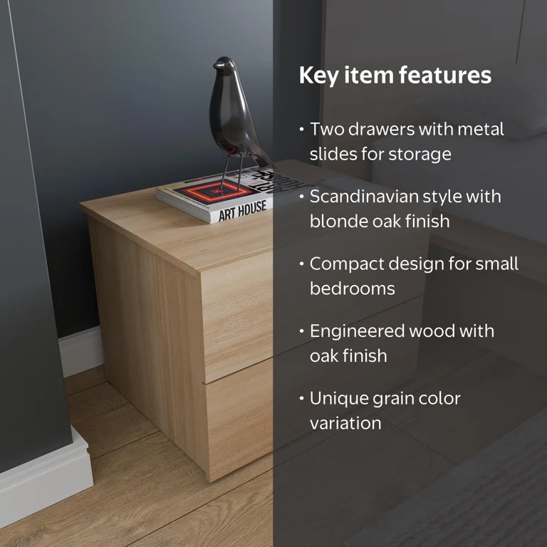 Nexera James Modern 2 Drawer Nightstand, Natural Blonde Oak