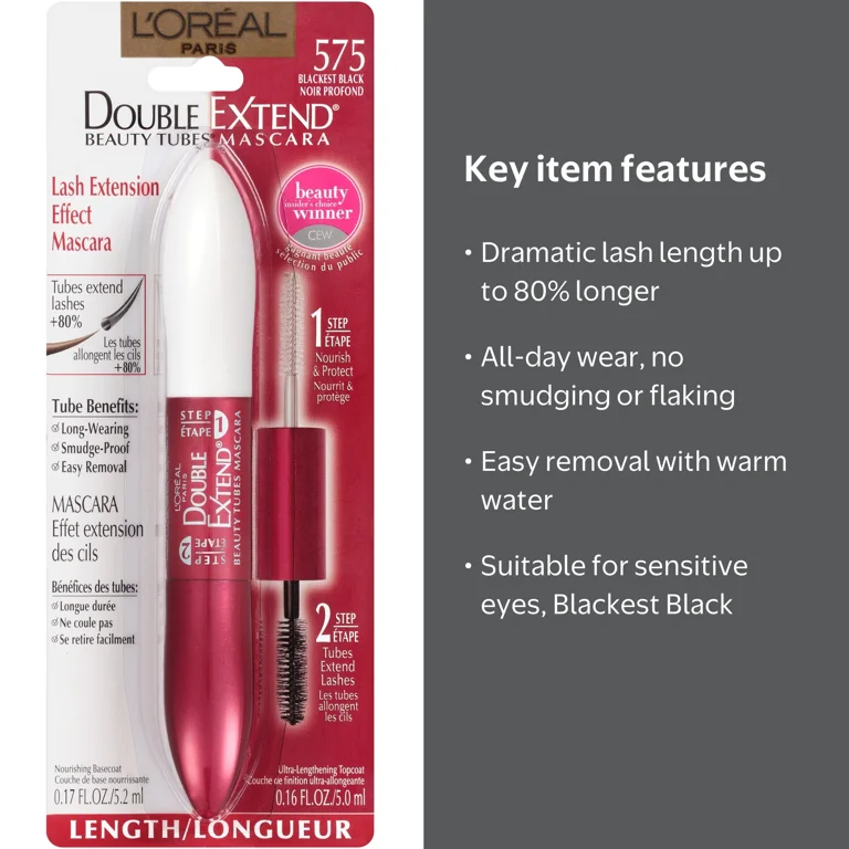 L'Oreal Paris Double Extend Tubing Mascara, 2-in-1 Lengthening