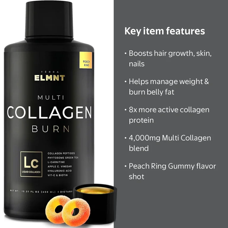 TERRA ELMNT Liquid Collagen Shot, Peach Ring Flavor, Hyaluronic Acid, Biotin, L-Carnitine, Thermogenic Peptides