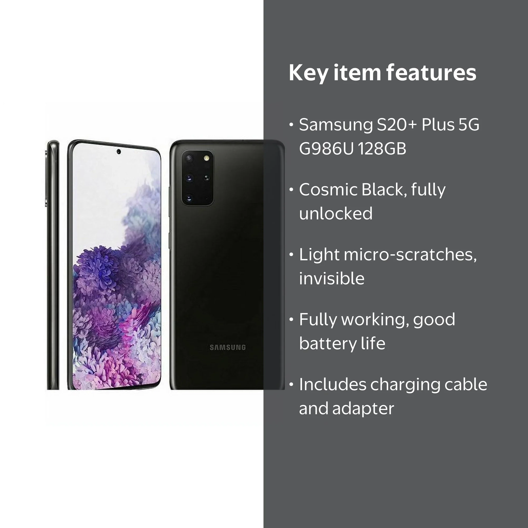Restored Samsung Galaxy S20+ Plus 5G G986U 128GB Cosmic Black