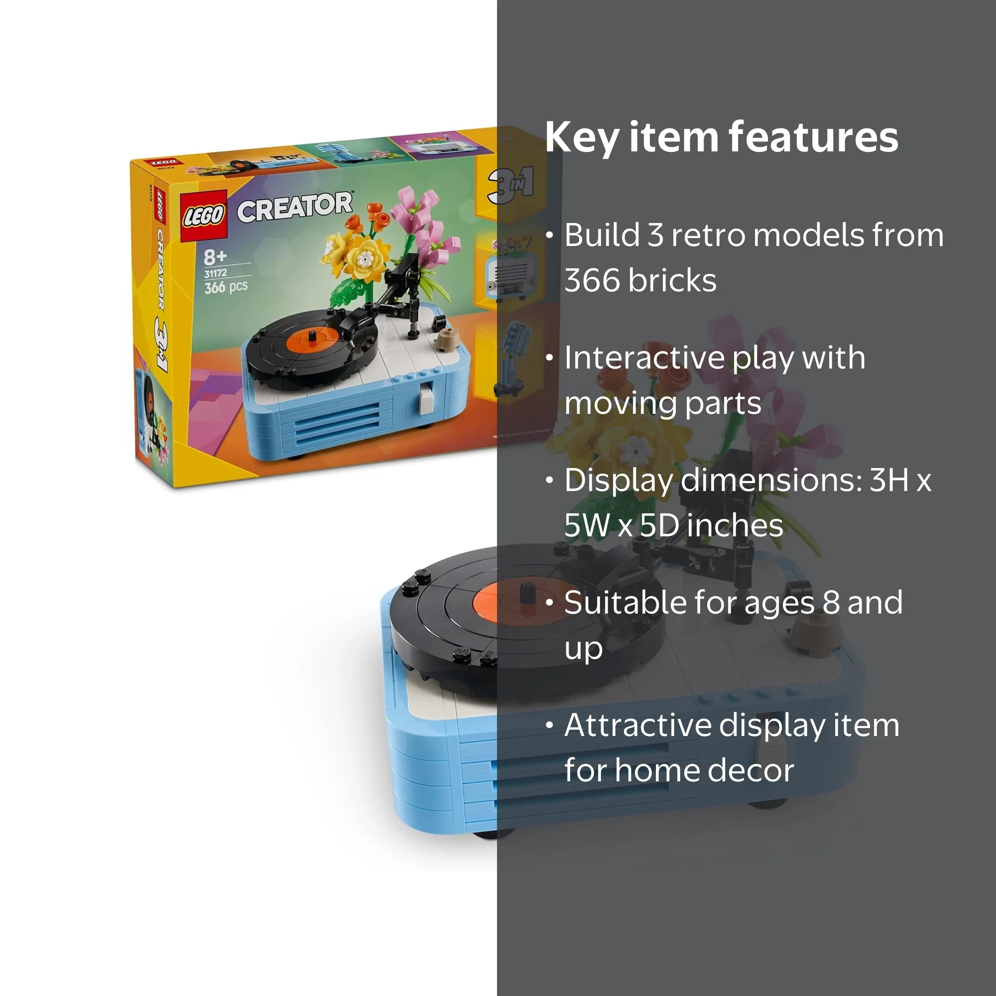 LEGO Creator 3 in 1 Record Player with Flowers, 3 Building Options