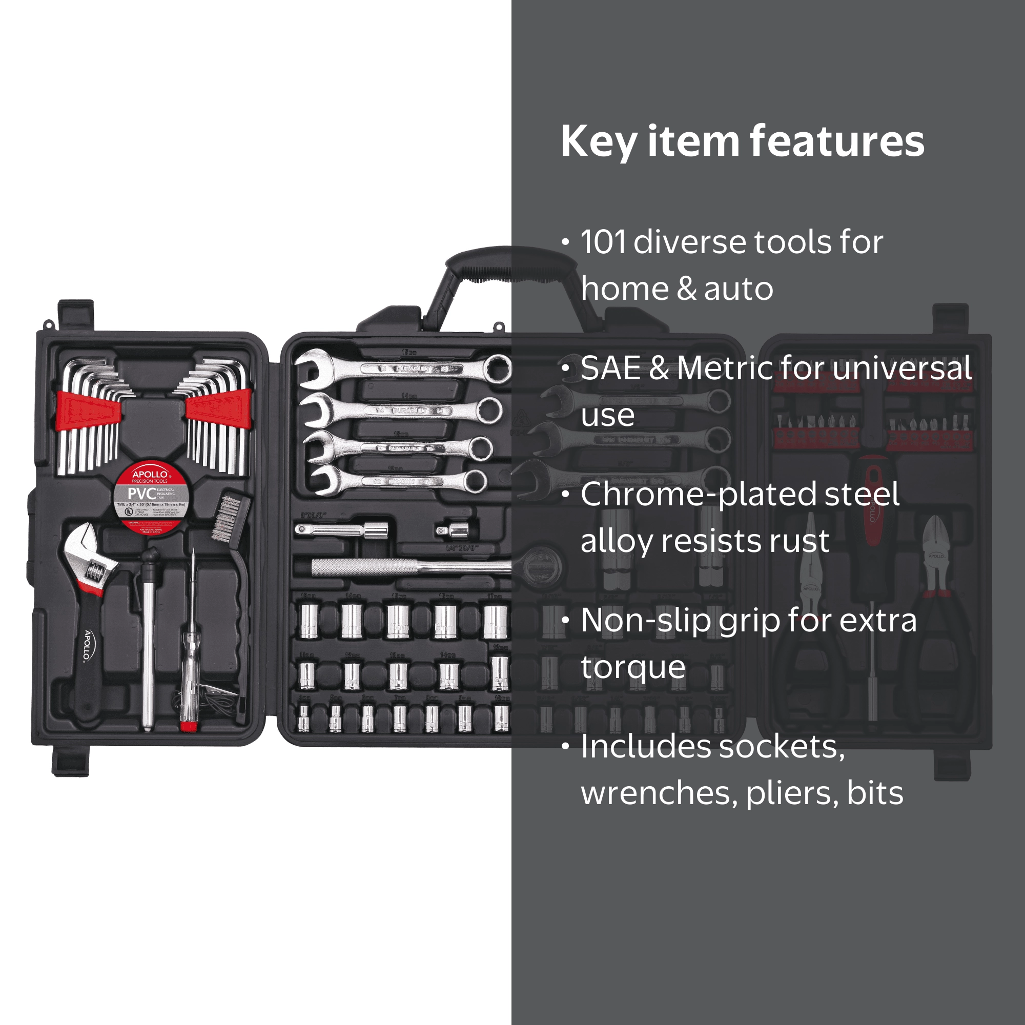 Apollo Tools, Mechanic Tool Set, 101 Pieces, SAE and Metric, Hard