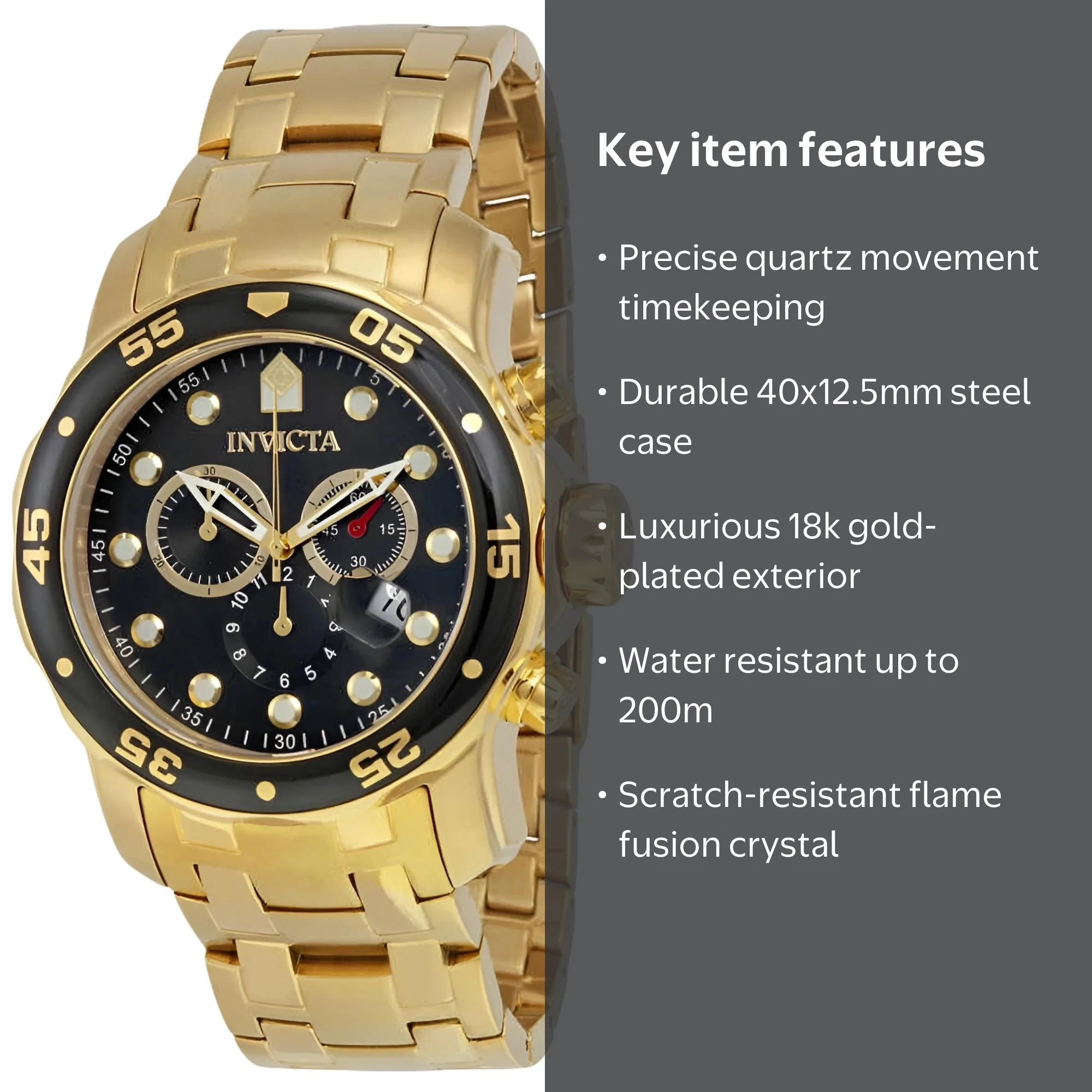 Invicta Men's 0072 Pro Diver Chronograph Watch, 18k Gold-Plated