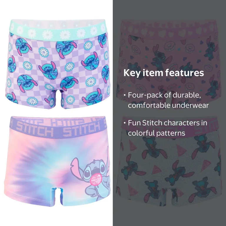 Lilo & Stitch, Girls Stitch Boyshort Underwear, Size 4-10, 4-Pack