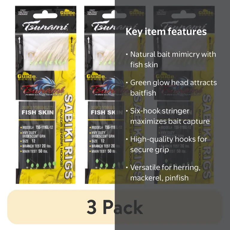 3 pack) Tsunami Guide Series Sabiki Rig, Iridescent Green, Size 12