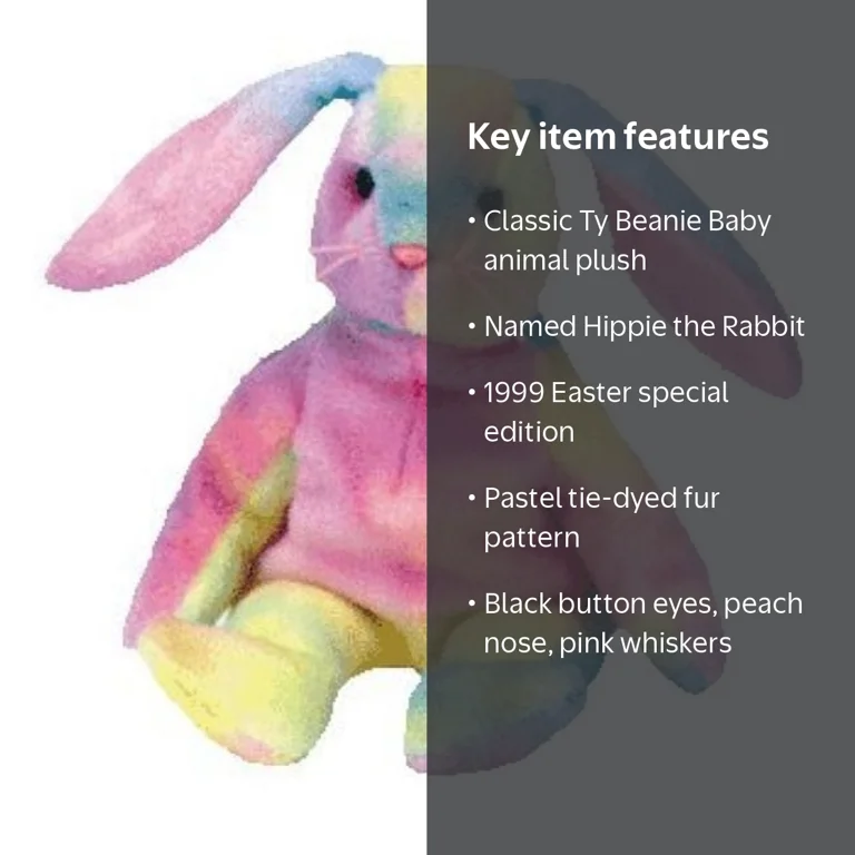 Ty Beanie Babies Hippie, Tie-Dye Pastel Rabbit Plush, Button Eyes