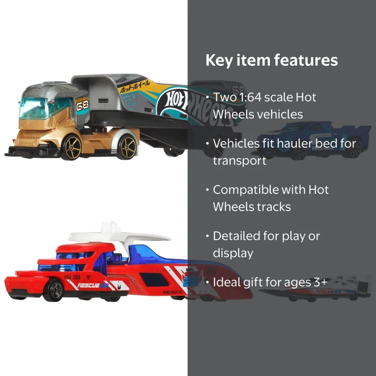 Hot Wheels Super Rigs, 1:64 Scale Toy Car and Matching Transporter