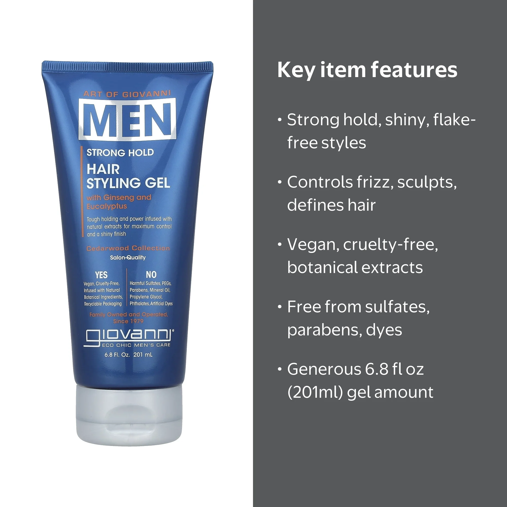 Giovanni Hair Styling Gel 6.8 fl oz, Strong Hold with Natural
