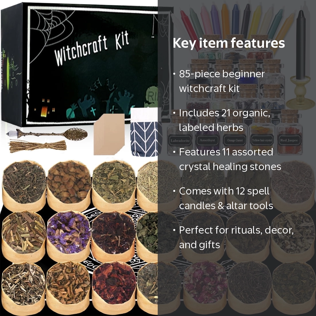 HXXF Witchcraft Supplies Kit, 85 PCS, Crystals Jars Candles Herbs