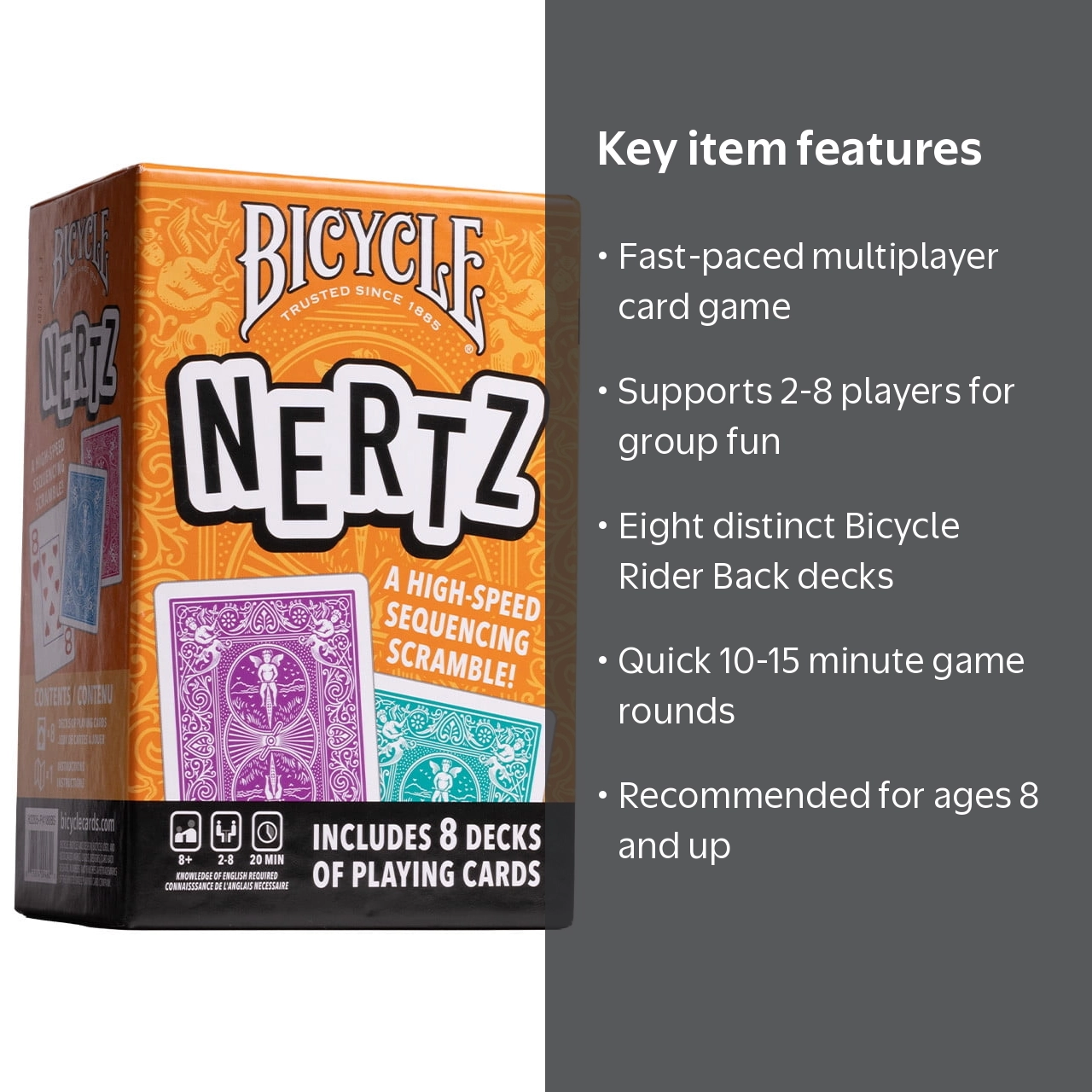 Bicycle, Playing Cards, Multicolor, 8 Deck Set for Nertz Game