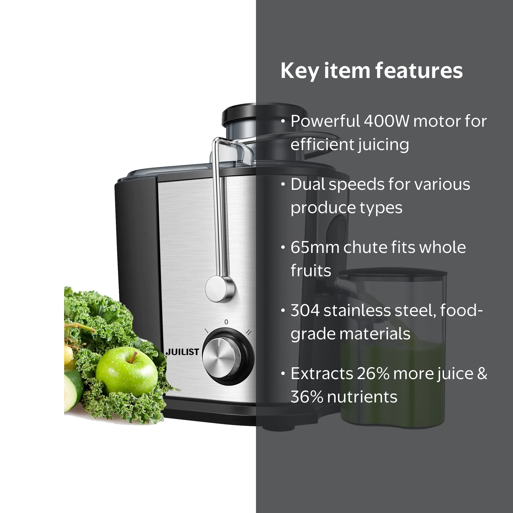 Juilsit Juicer Machine, 400W, Dual Speed Silver with 3-Inch Wide