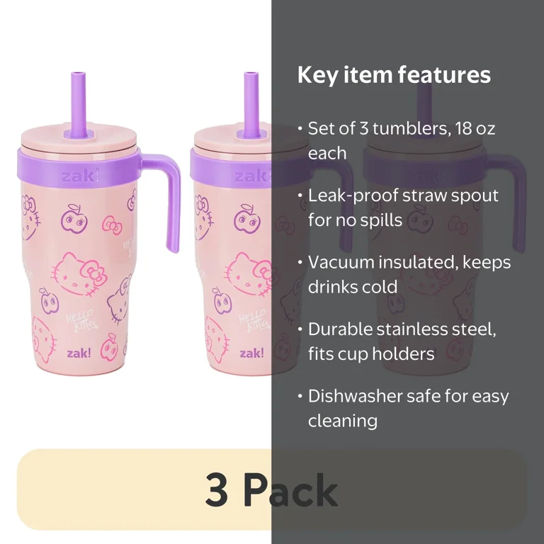 3 pack) (3 pack) Zak Designs 18oz Hello Kitty Kids Straw Handle