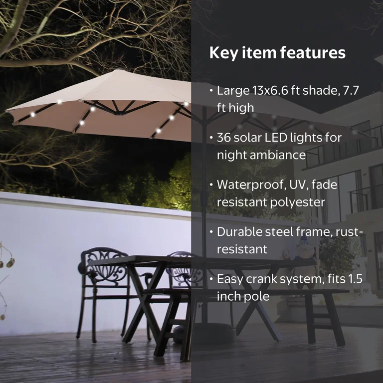 crate and barrel patio umbrella lights 10x10 FT Square Cantilever with Solar LED Cross Base, 360 Rotation Large Heavy Duty Offset Outdoor Umbrella with Easy Tilt Assembly and mounting are required to set up your new outdoor centerpiece MAISON ARTS 13ft Double -Sided