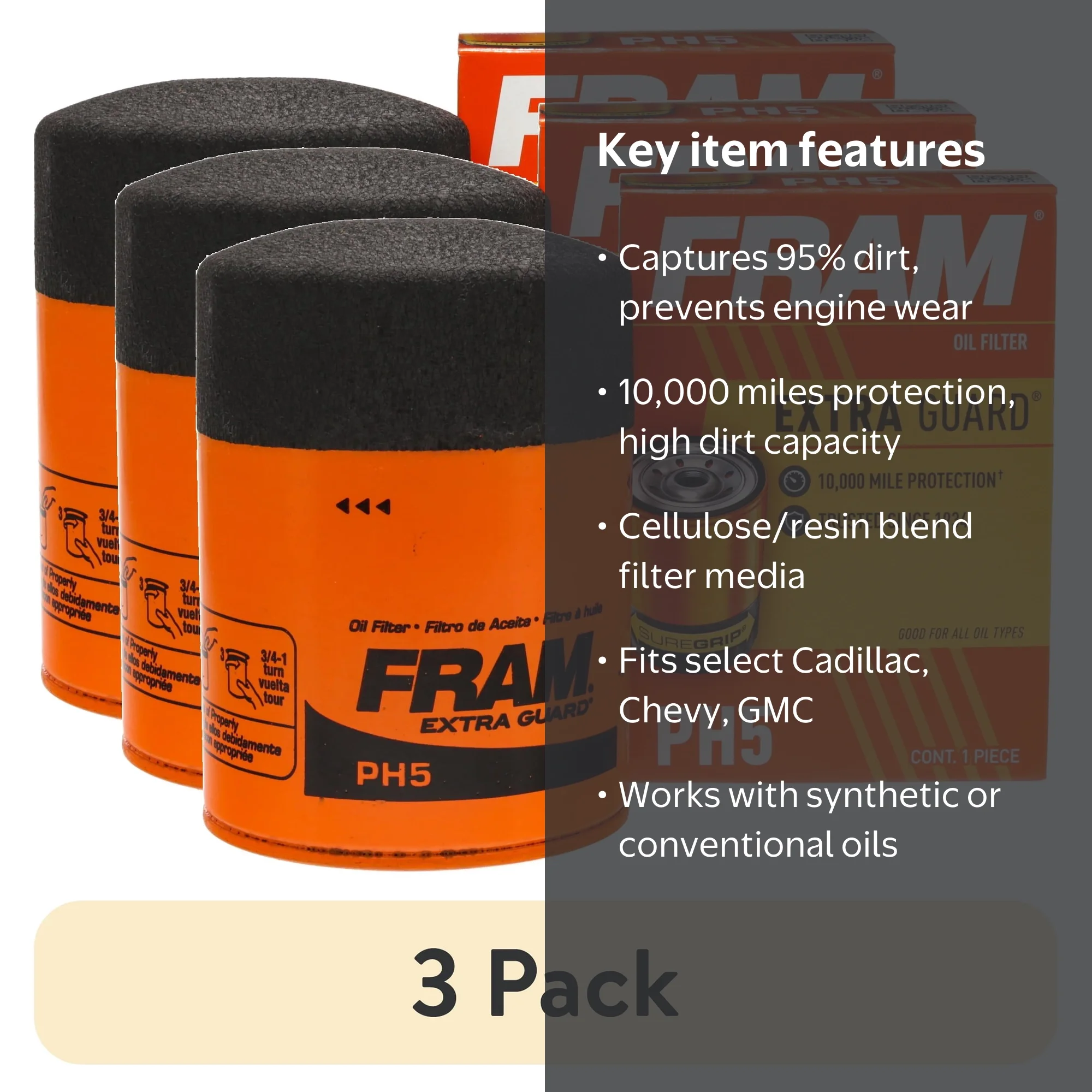 3 pack) FRAM Extra Guard Oil Filter, PH5, 10K Miles, Replacement