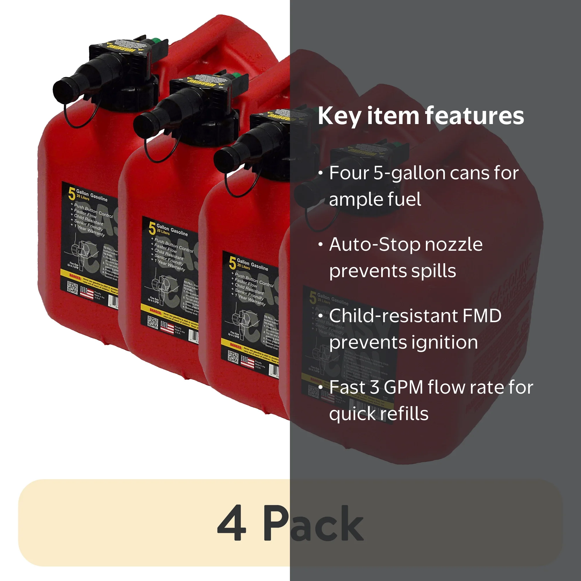 4 pack) Easy Can 5 Gallon Gas Can with Flame Mitigation Device and