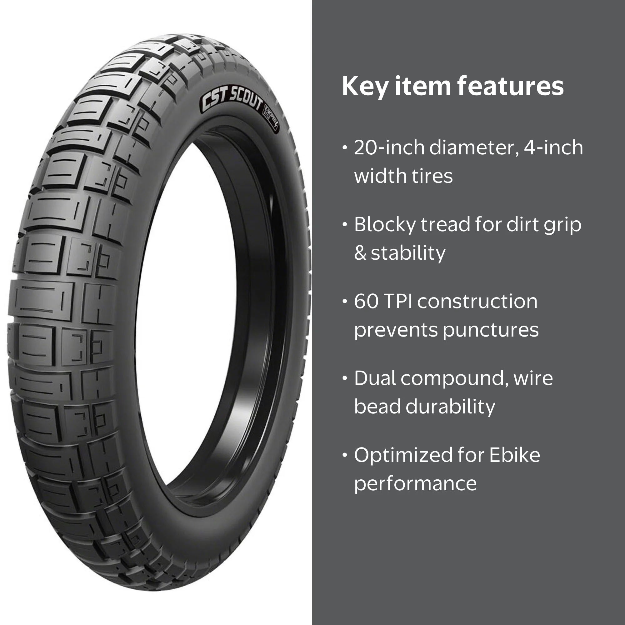CST Scout Road Ebike Tire - 20x4, Clincher, Black, Wire Bead for