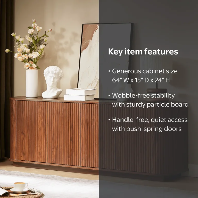 Trumanpick Large Buffet Sideboard Cabinet, 64 inch Fluted Modern Buffet Table, TV Stand with 4 Doors for Bedroom, Living Room, Entryway,Walnut