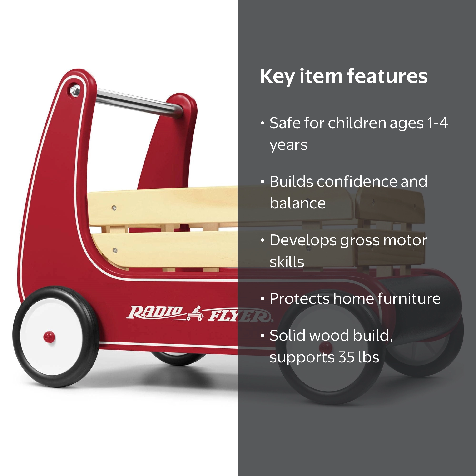 Radio Flyer – Chariot Poussoir/tracteur 2-en-1 – Rouge – Pour 1-4 Ans – Charge 15,9 Kg – Avec Rangement XL